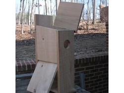 Wood Duck nesting box from cypress.  The box has a hinged top for viewing nesting progress and a side hinge for easy clean out every winter.