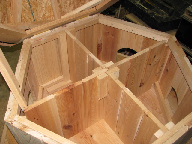 Interior view of Floating Duck Nesting Box with 4 nesting compartments.  Comes with hinged roof for easy clean out. 